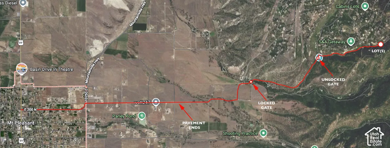 Driving Instructions: From 200 N and HWY 89 in Mt Pleasant, drive east for approximately one mile then road veers left. Immediate right turn onto 19000 N (Parley's Rd) and drive another mile then pavement ends, another 1/2 mile then turn left at Aspen Hil