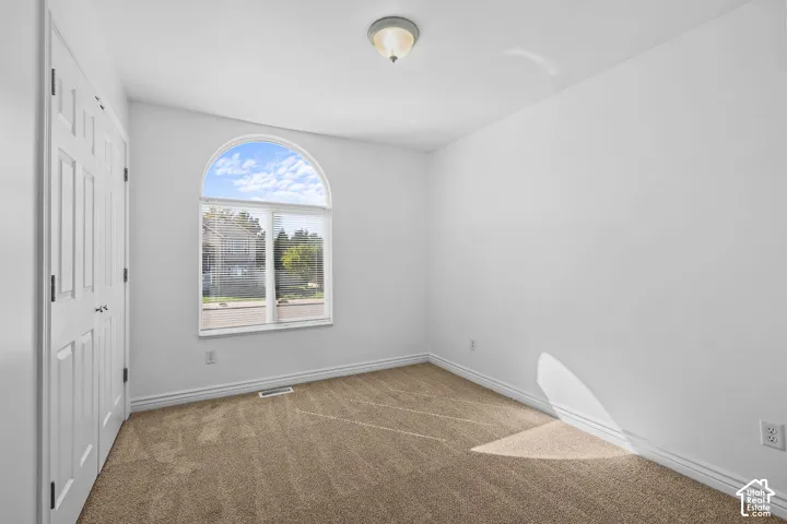 Arched window, neutral carpet, white walls, and a ceiling-mounted light fixture