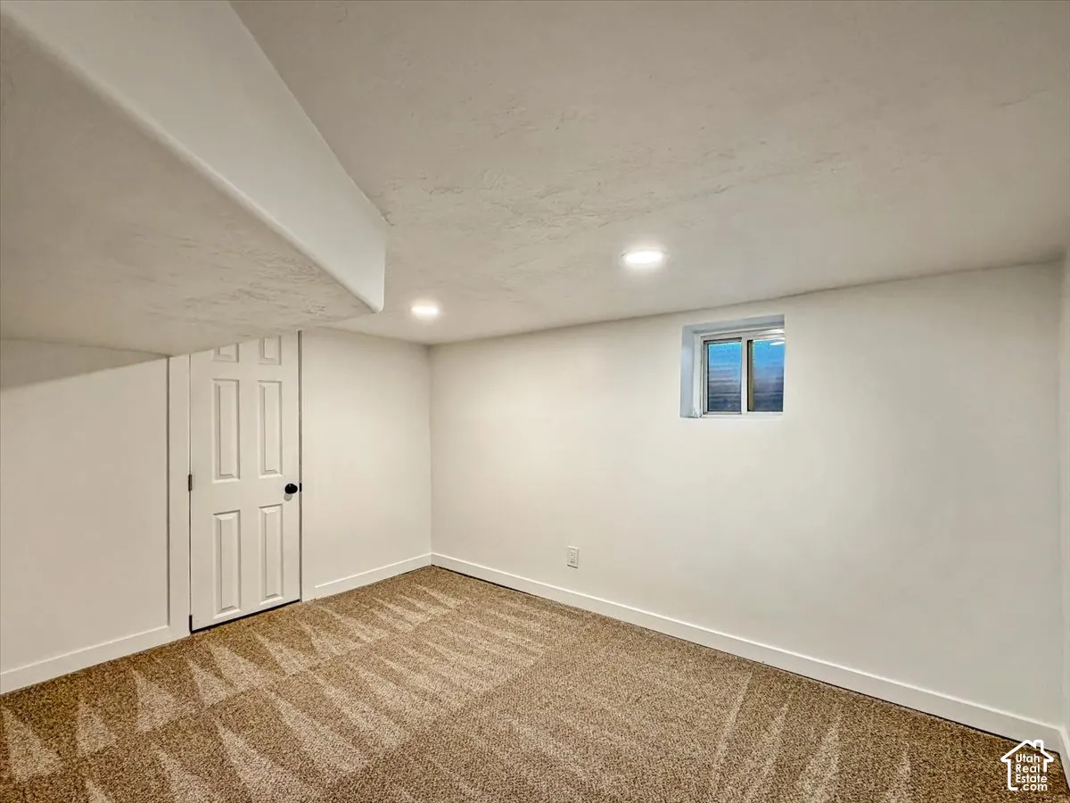 Recessed lighting, wall-to-wall carpeting with geometric pattern, white paneled door with dark hardware, and a single window