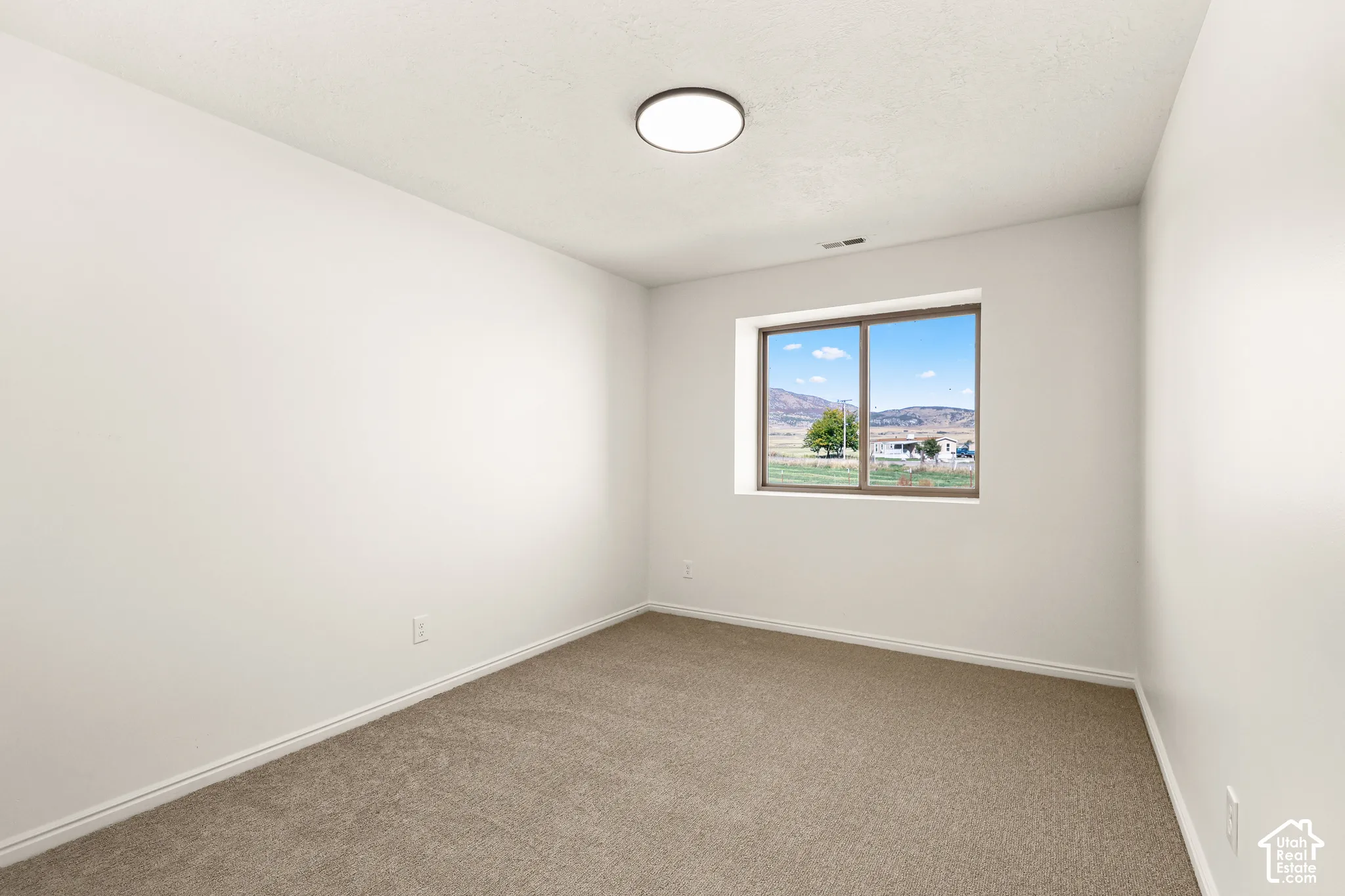 Neutral-toned carpeting, white walls, and a single window with a distant mountain backdrop