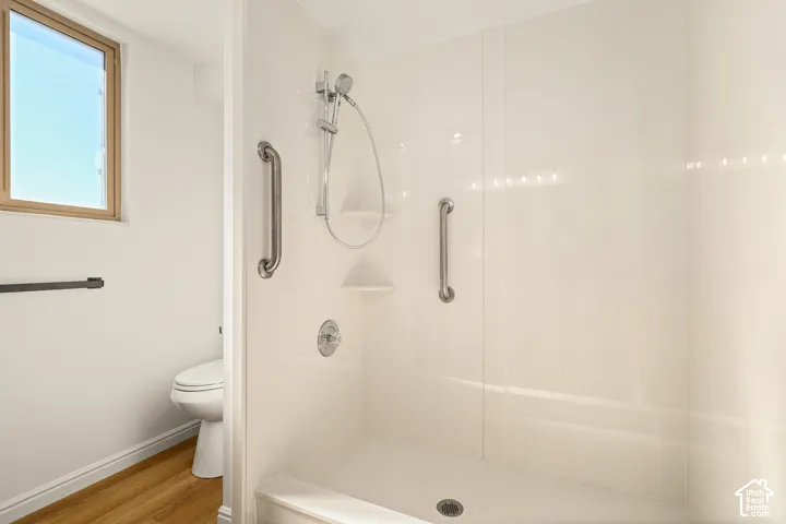 Walk-in shower with grab bars, handheld shower fixture, and built-in shelving