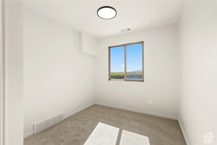 Carpeted flooring, a window offering an expansive outdoor scene, and a flush-mount ceiling light fixture