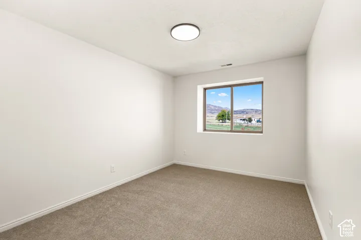 Neutral-toned carpeting, white walls, and a single window with a distant mountain backdrop