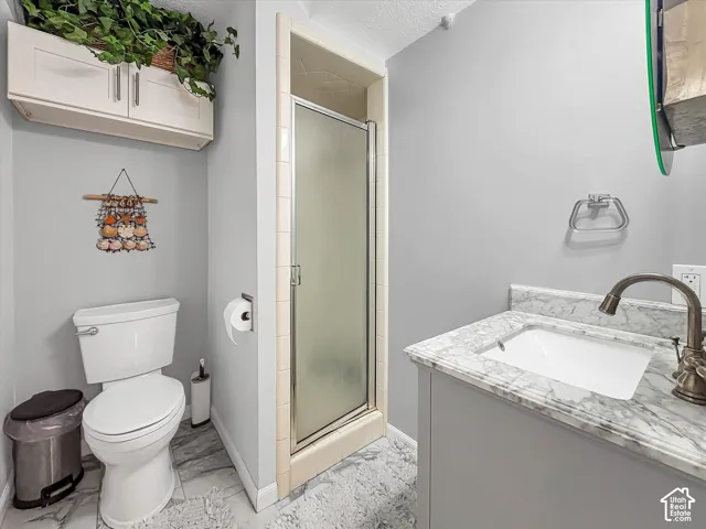 Shower enclosure with frosted glass door, vanity with countertop, undermount sink, and wall-mounted cabinetry