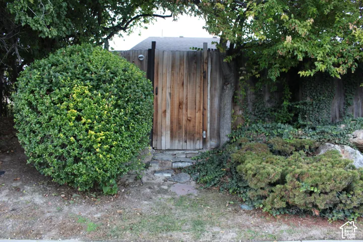 Wood privacy fence with Gate access to back patio and mature shrubs