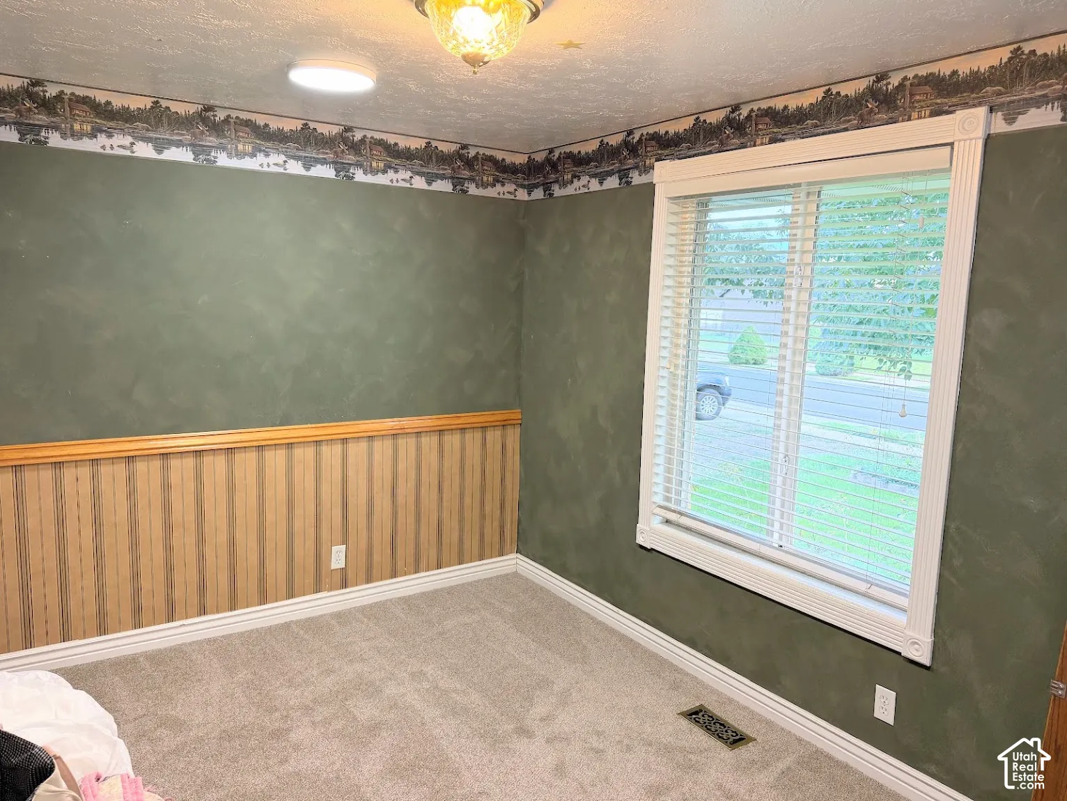 Wall-to-wall carpeting, decorative wood wainscoting, and a window with blinds