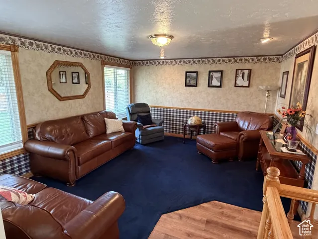 Carpeted flooring, recessed lighting, ceiling-mounted light fixture, wood-finish flooring, wood railing