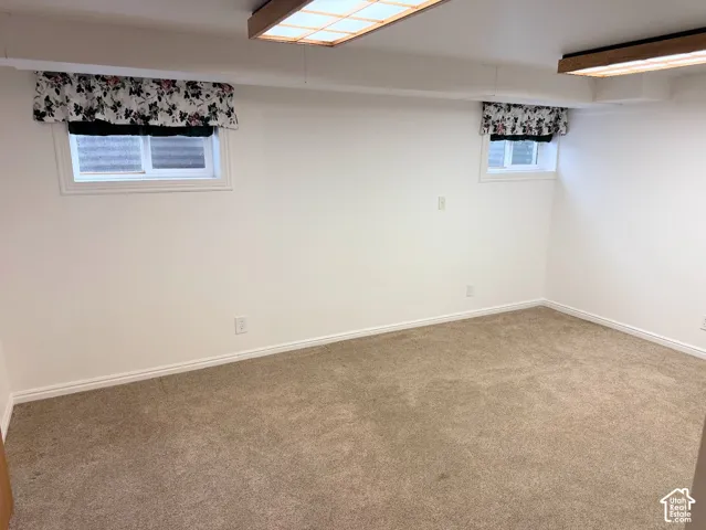 Carpeted flooring, white walls, and two windows with valances