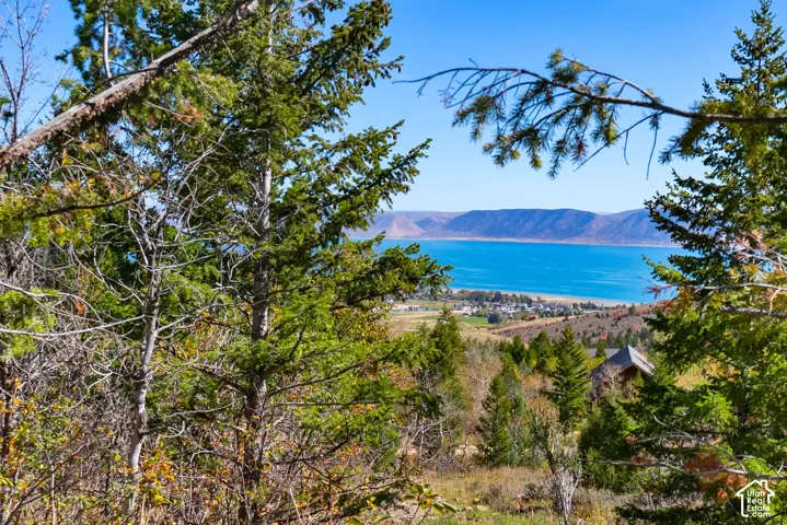 Expansive water body, distant mountainous terrain, and a small community visible in the background