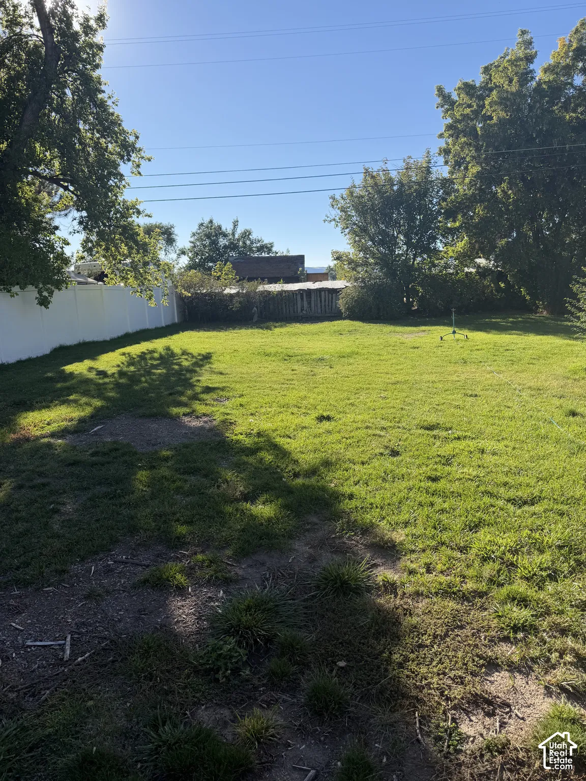 Expansive backyard featuring a manicured lawn, mature trees, and a white privacy fence