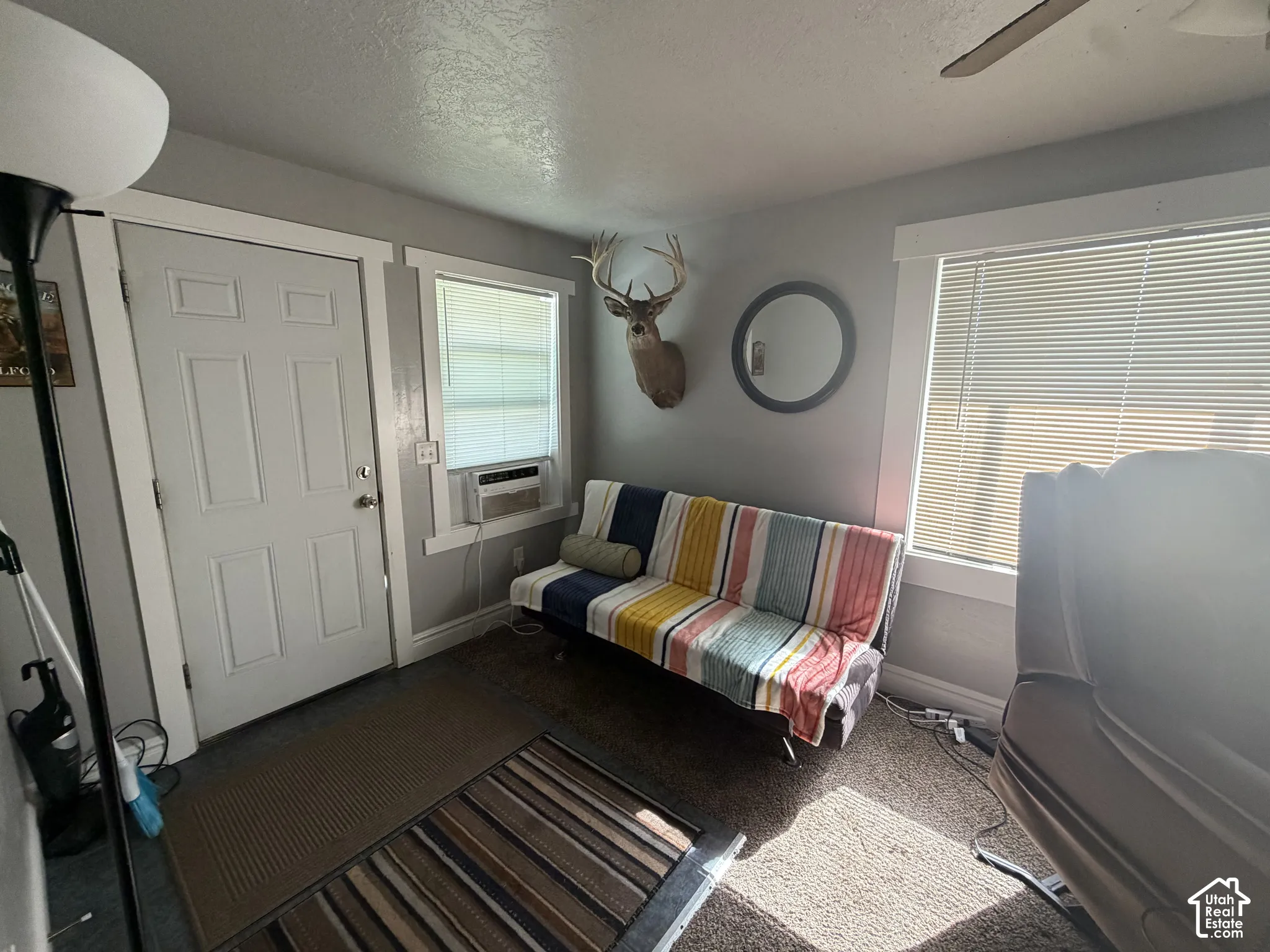 White paneled entry door, dual windows with blinds, and ceiling fan
