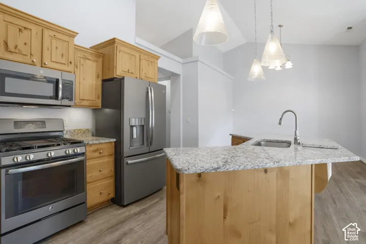 Kitchen featuring stainless steel appliances, wood cabinetry, granite countertops, and wood-finish flooring