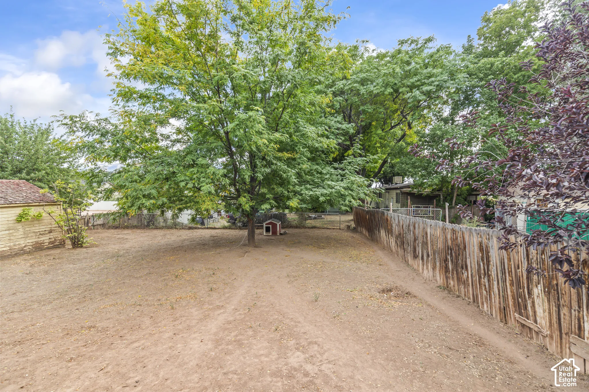 Fenced backyard featuring mature trees and a detached shed
