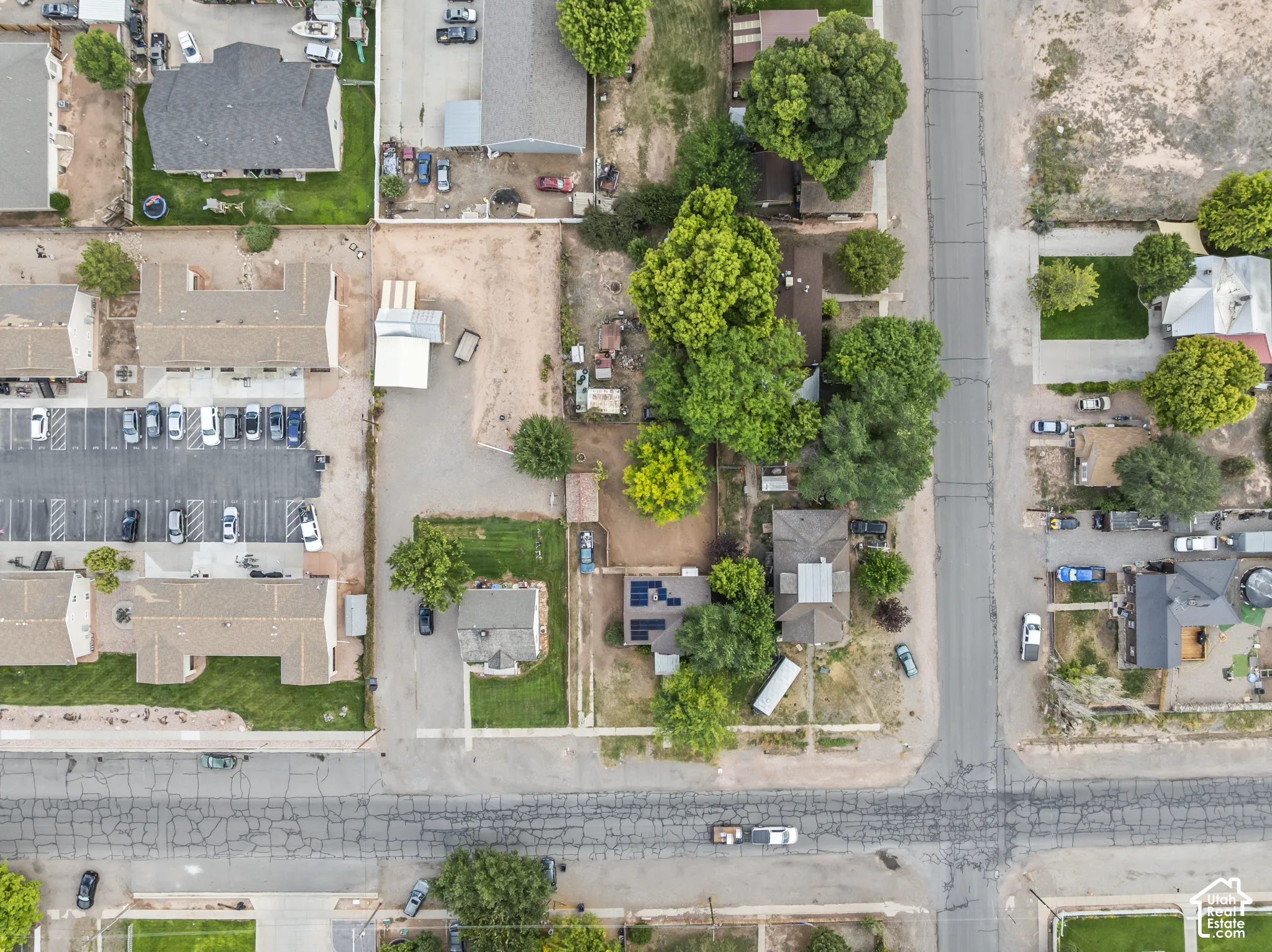 Aerial perspective showcasing a residential area with varied property types