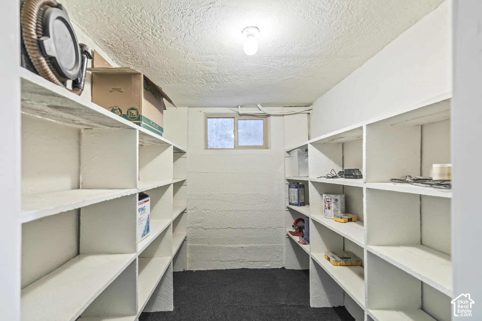 Built-in shelving units, painted concrete walls, and overhead lighting
