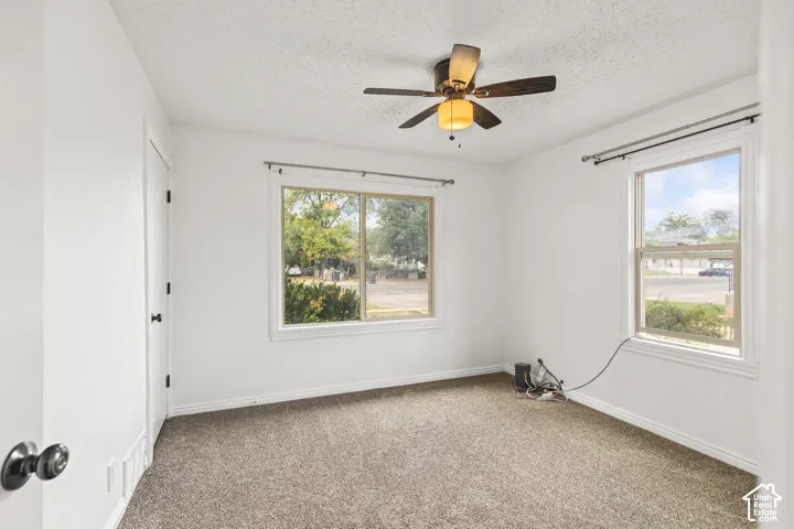 White walls, textured ceiling, and a brown carpeted floor