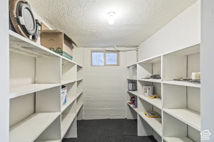 Built-in shelving units, painted concrete walls, and overhead lighting