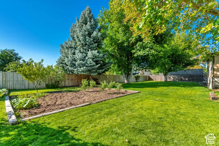 Manicured lawn, mature trees, privacy fencing, and a raised garden bed