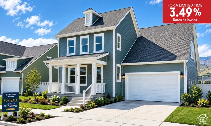 Two-story residence featuring a covered front porch, attached garage, dormer window, and mature landscaping