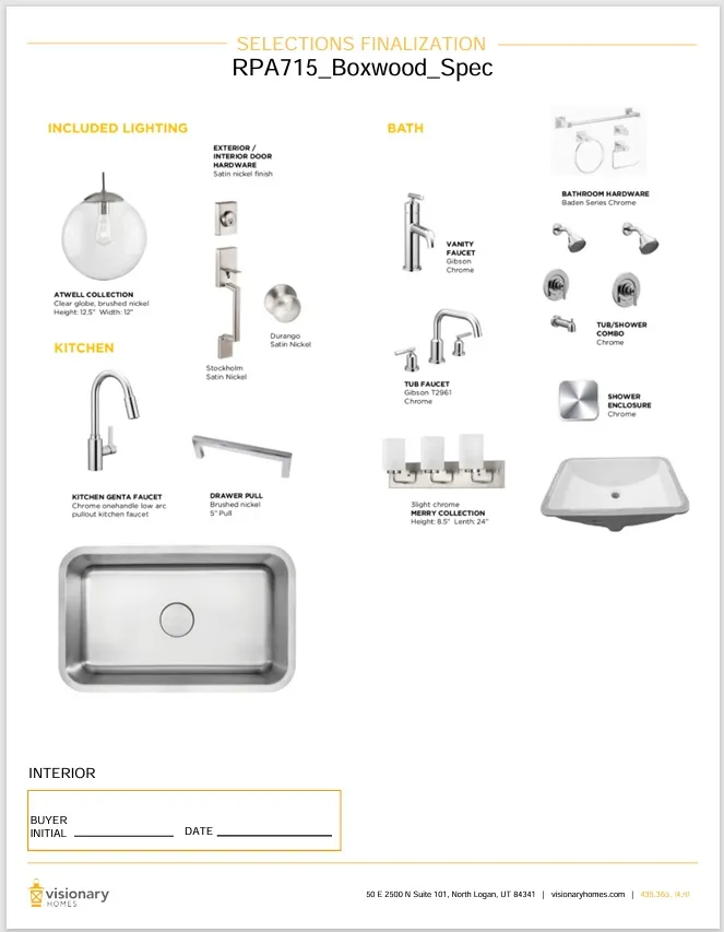 Selections Finalization Document. Detailing included lighting, kitchen, and bath fixtures for the property