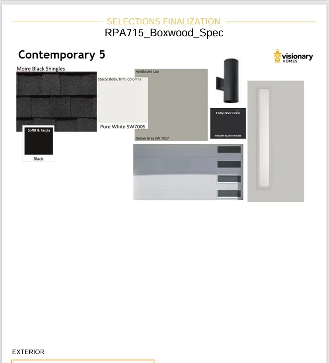 Selections Finalization document. Detailing exterior material and color specifications for the property
