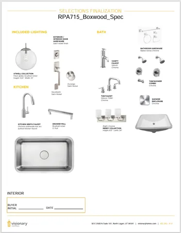 Selections Finalization Document. Detailing included lighting, kitchen, and bath fixtures for the property