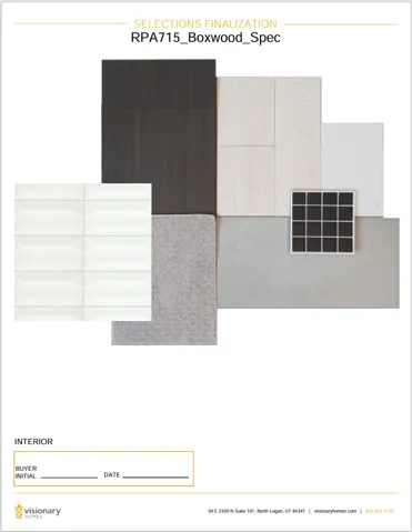 Selections Finalization Document. Presenting material and finish specifications for the property's interior, awaiting buyer initial and date