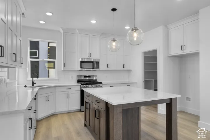 White shaker cabinetry, stainless steel appliances, wood-finish flooring, recessed lighting, and a kitchen island with a light-toned countertop