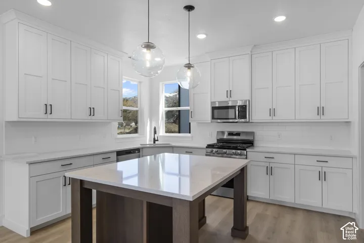 White shaker cabinetry, light countertops, stainless steel appliances, light wood-finish flooring, and recessed lighting
