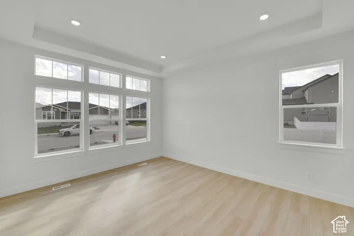Recessed lighting, tray ceiling, multiple windows, wood-finish flooring, and white walls