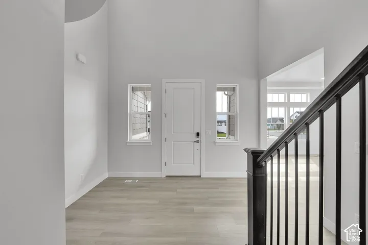 Entryway with a two-story ceiling, wood-finish flooring, a white paneled door, and two rectangular windows