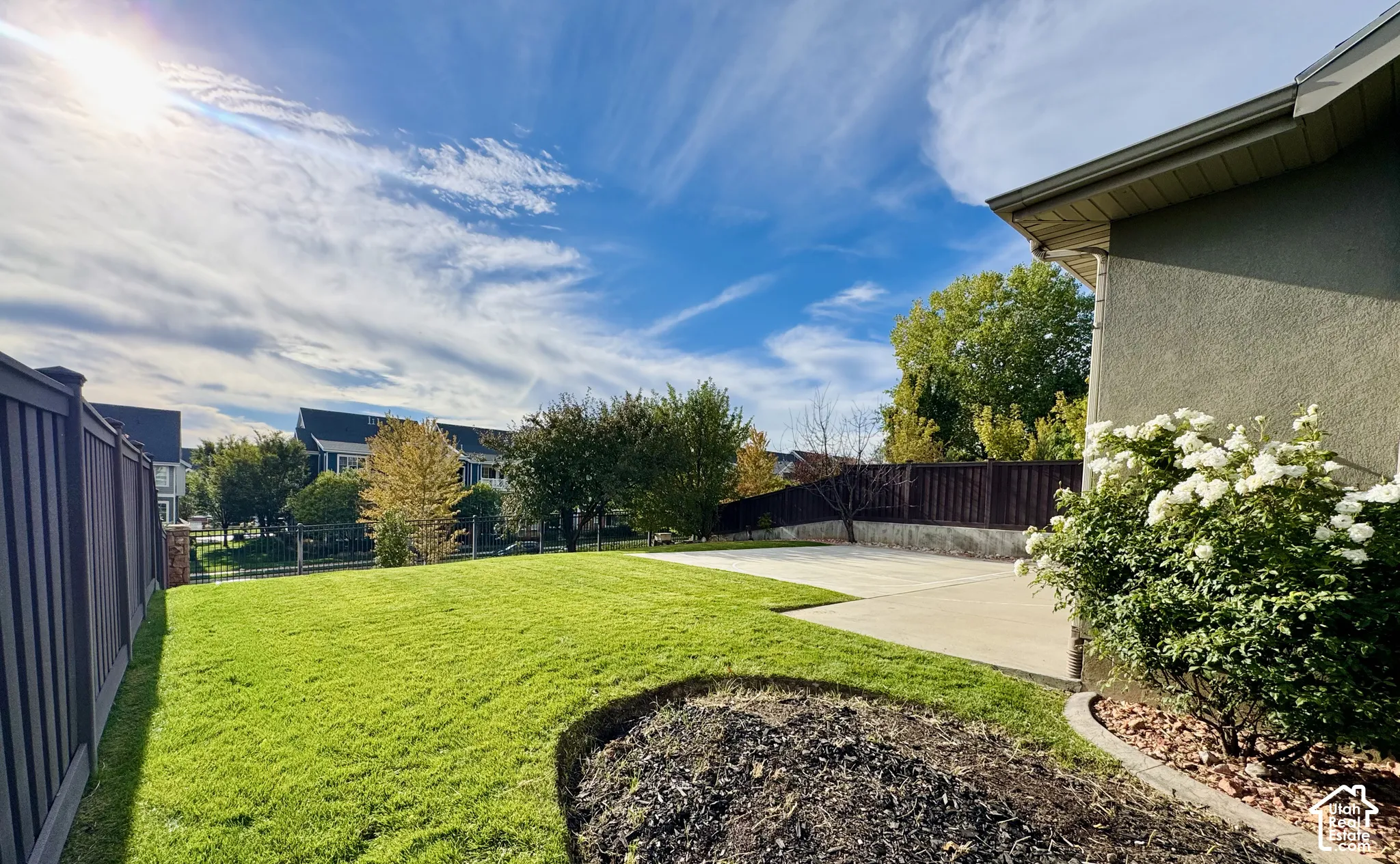Expansive grassy yard with mature shrubs and a concrete patio with basketball court and garden area.