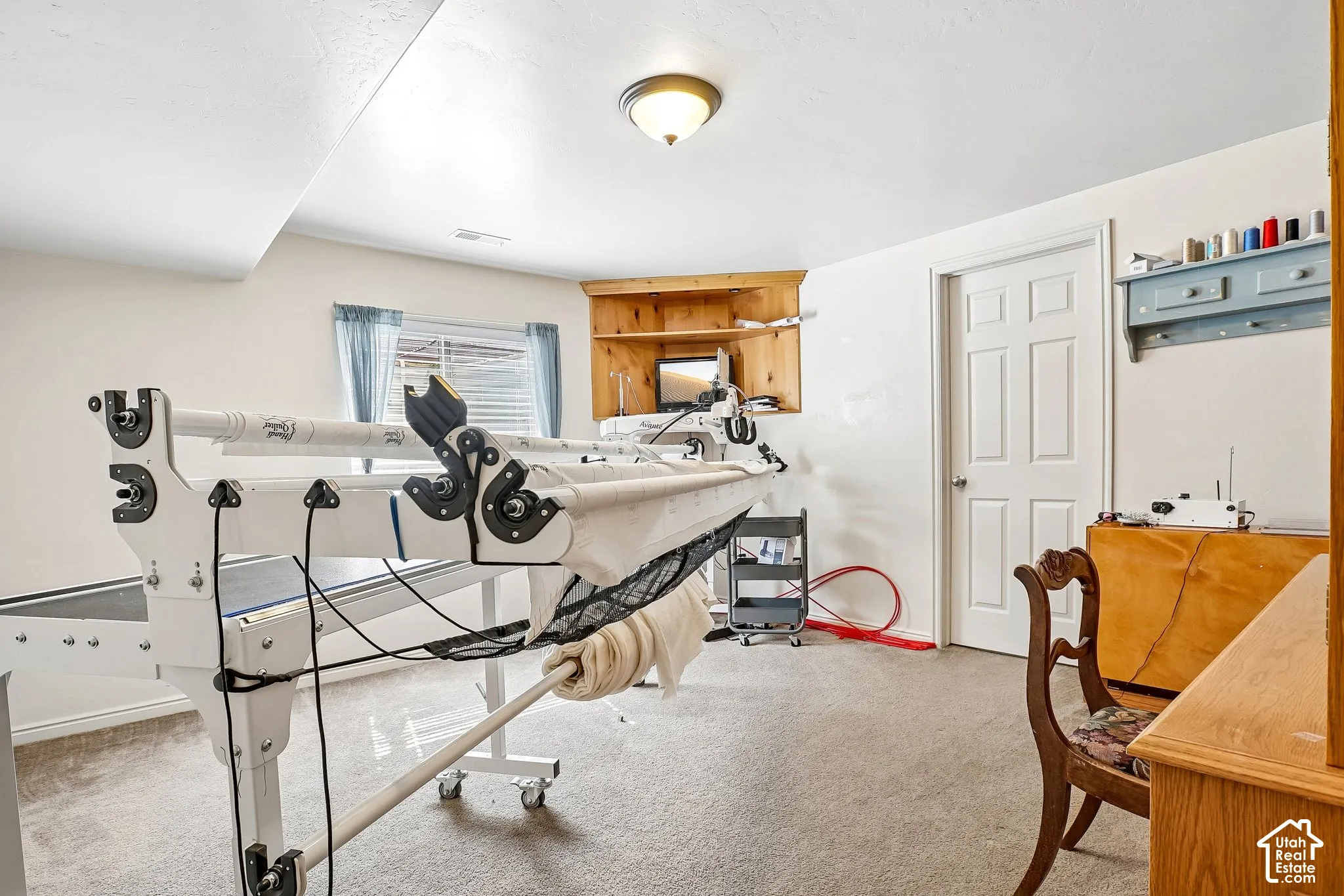Carpeted room with a ceiling-mounted light fixture, a window with blinds, and built-in wood shelving