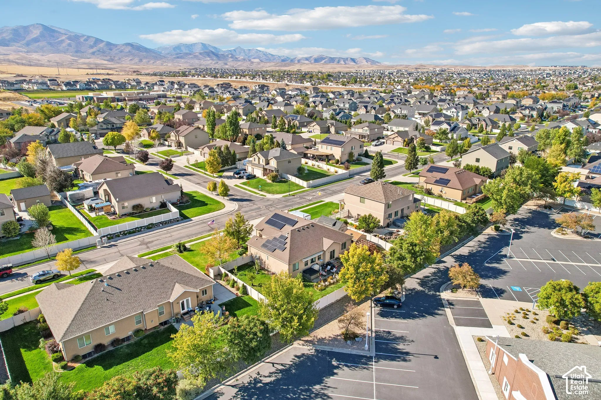 Aerial perspective showcasing numerous residential properties, established streets, and abundant green landscaping