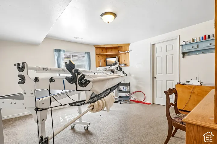 Carpeted room with a ceiling-mounted light fixture, a window with blinds, and built-in wood shelving