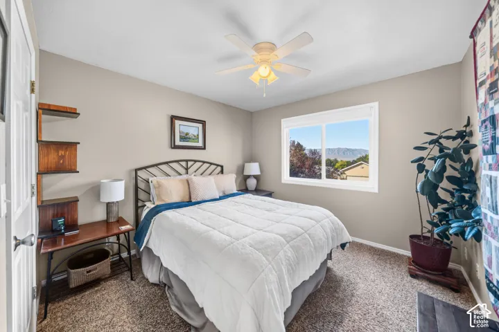 Neutral-toned walls complement the textured carpeting