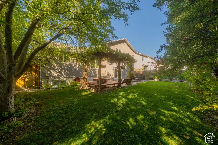 Expansive backyard featuring a manicured lawn, established trees, and a wooden pergola over a patio area