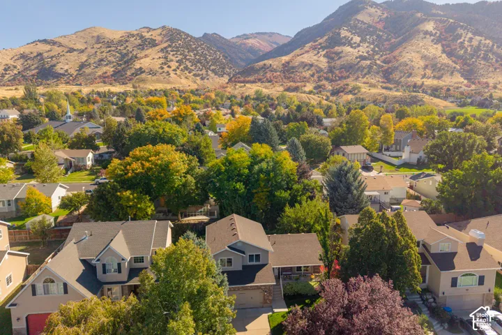 Expansive mountain backdrop with a residential neighborhood featuring mature trees and established homes