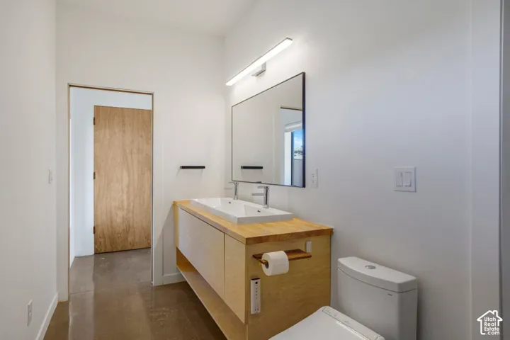 Modern vanity with a rectangular basin sink, wood-finish countertop, and wall-mounted mirror