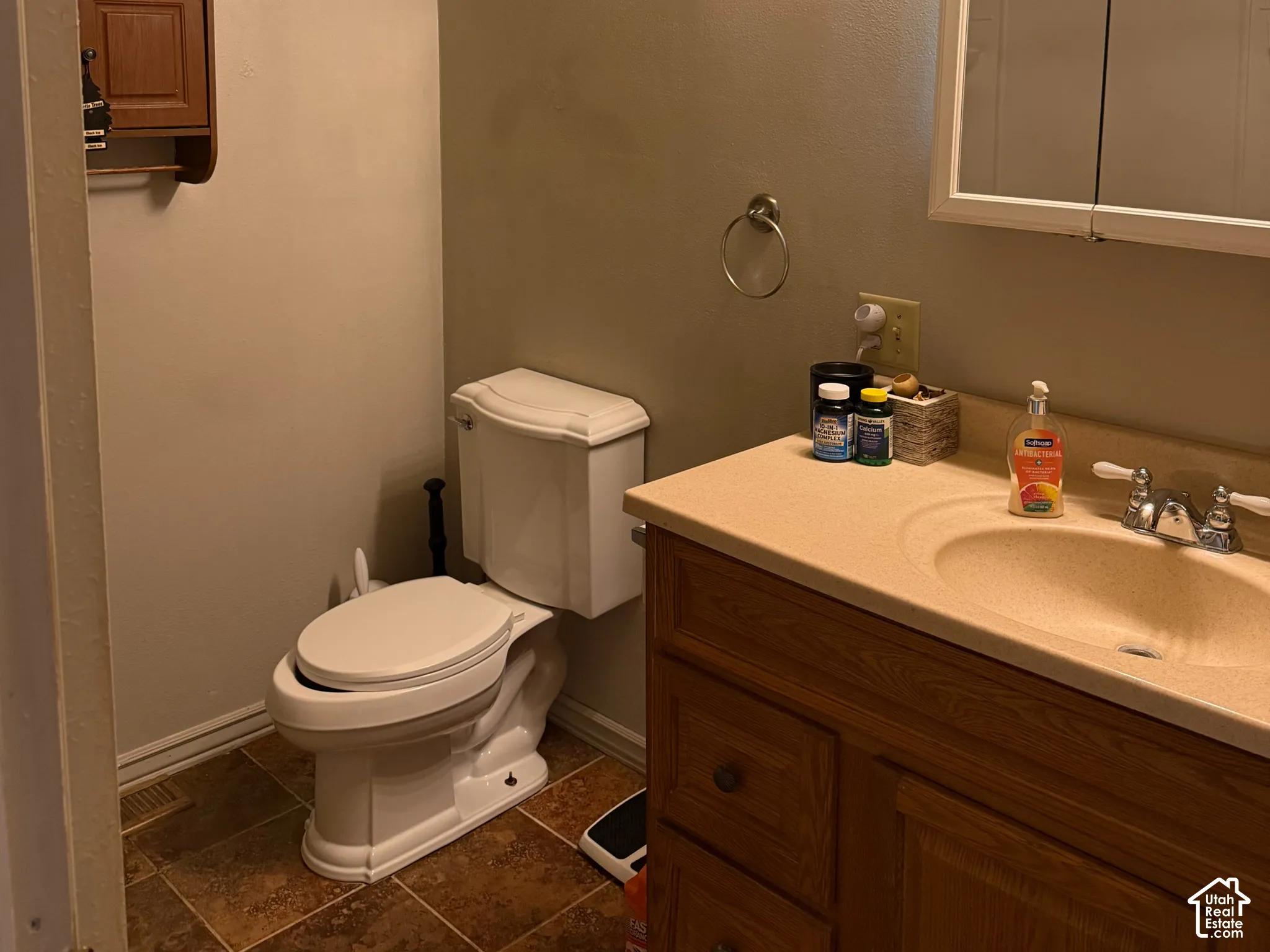 Bathroom featuring a vanity with wood-finish cabinetry, a single basin sink, and a mirrored medicine cabinet