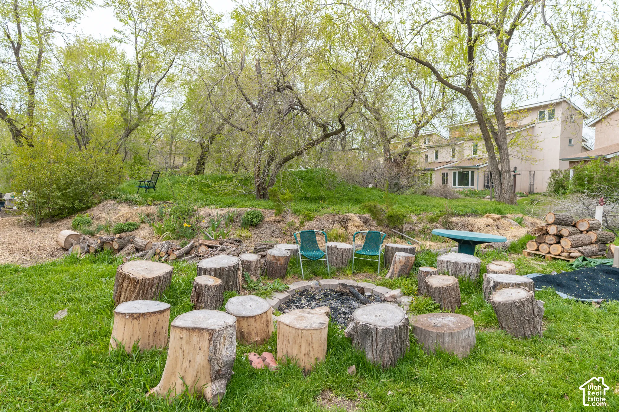Expansive outdoor space featuring a stone-lined fire pit, natural wood stump seating, and a lush grassy area