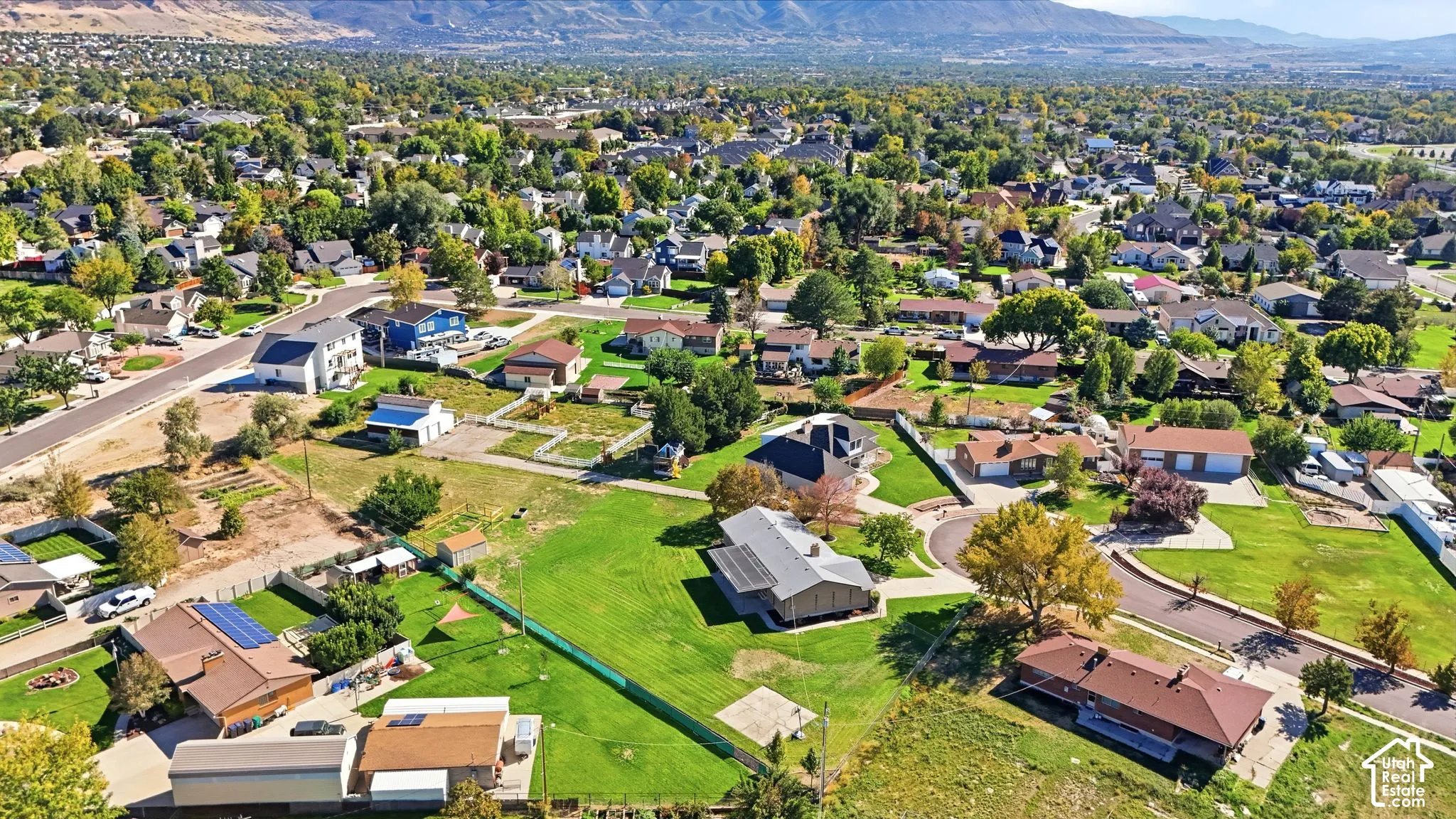 Aerial perspective showcasing a residential neighborhood with varied home styles, expansive green spaces, and mature tree coverage