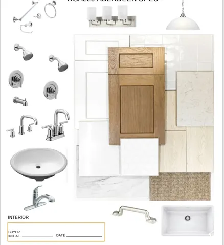Interior Specification Sheet. Displaying material and fixture selections for the property