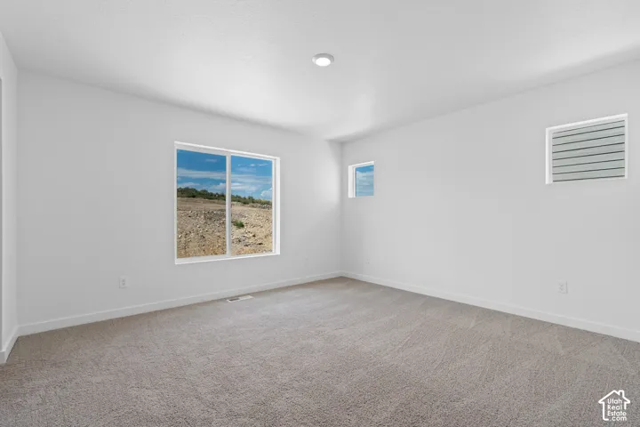 Recessed lighting, light gray carpeting, multiple windows, white walls, and white trim