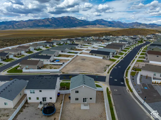 Residential street with paved sidewalks, surrounded by established homes and undeveloped lots