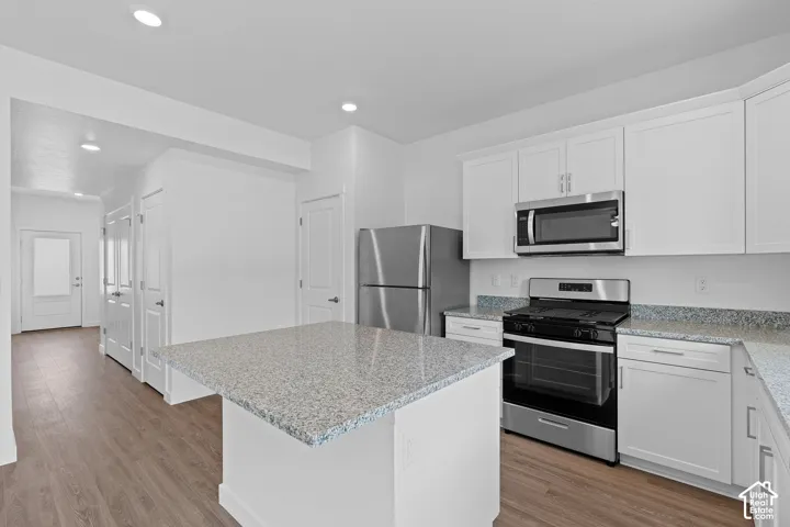 Kitchen featuring white cabinetry, stainless steel appliances, speckled stone countertops, and wood-finish flooring