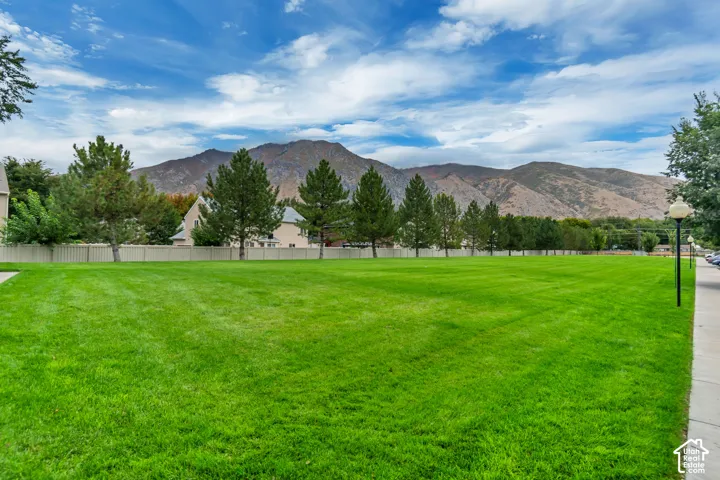 Expansive green space featuring a mountain backdrop, a row of mature trees, and a perimeter fence