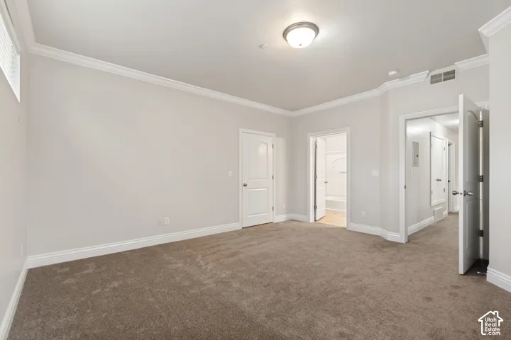 Carpeted room with crown molding, interior doors, and a flush mount ceiling light