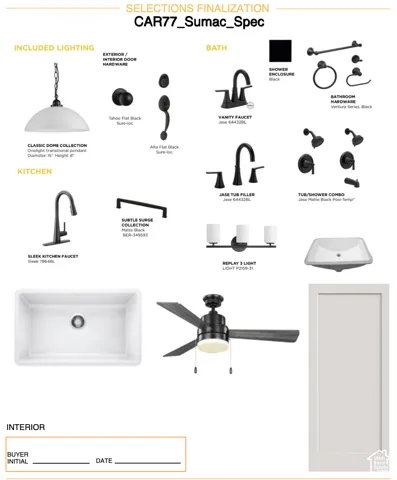 Selections Finalization Document. Detailing included features and finishes for the property