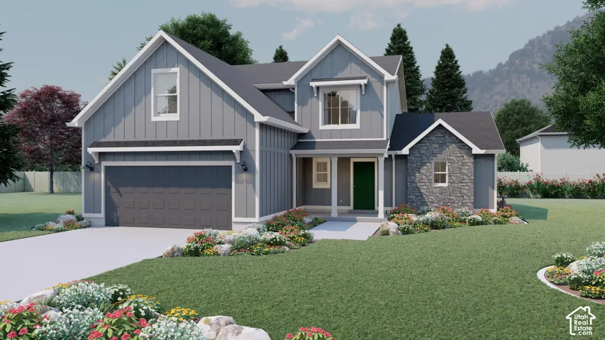 Contemporary farmhouse exterior with board and batten siding, stone accents, a covered entry, and an integrated garage